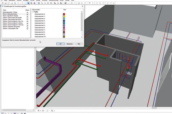 Auf der digitalBAU präsentiert Graphisoft Building Systems unter anderem die neuen Visualisierungsfilter in DDScad. Mit diesen lassen sich in der Renderingansicht verschiedenste Systemzustände abbilden.