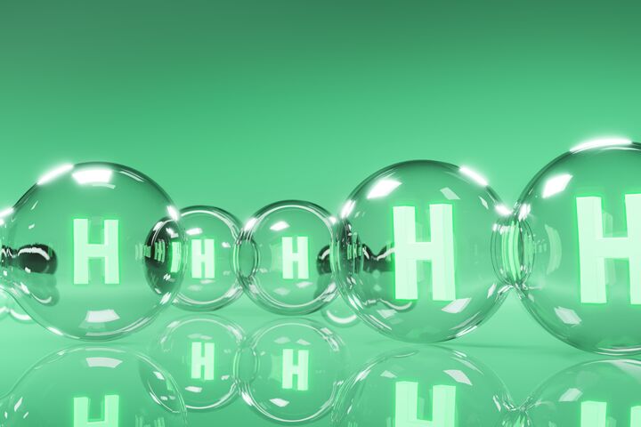 Green hydrogen energy. H2 gas molecules for production of green hydrogen energy. Renewable or sustainable electricity. Clean alternative ecological energy. 3D rendering.