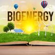 Open book with BIOENERGY inscription, renewable energy concept