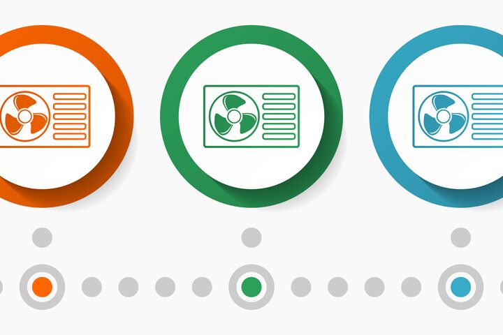 Heat pump, conditioner concept vector icon set, infographic template, flat design colorful web buttons in 5 color options
