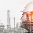 Future factory plant and energy industry concept in creative graphic design. Oil, gas and petrochemical refinery factory with double exposure arts showing next generation of power and energy business.