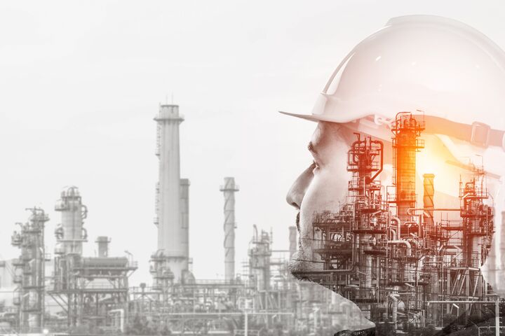 Future factory plant and energy industry concept in creative graphic design. Oil, gas and petrochemical refinery factory with double exposure arts showing next generation of power and energy business.