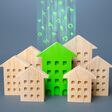 Green building stands out among the houses. Renovation and environmental improvement of old buildings. Net Zero Carbon neutrality. Environmentally friendly, energy efficient and zero emissions.