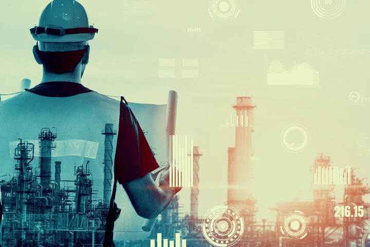 Future factory plant and inventive energy industry concept in creative graphic design. Oil, gas and petrochemical refinery factory with hologram showing next generation of power and energy business.