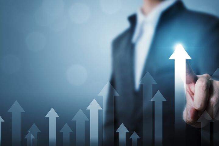 Business development to success and growing growth concept. Businessman pointing arrow graph corporate future growth plan