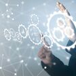 Operation management Business process control optimisation industrial technology and workflow concept. High performance, Problem solving, quality control. Hand touch gears icons .
