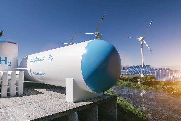 Hydrogen renewable energy production - hydrogen gas for clean electricity solar and windturbine facility. 3d rendering.