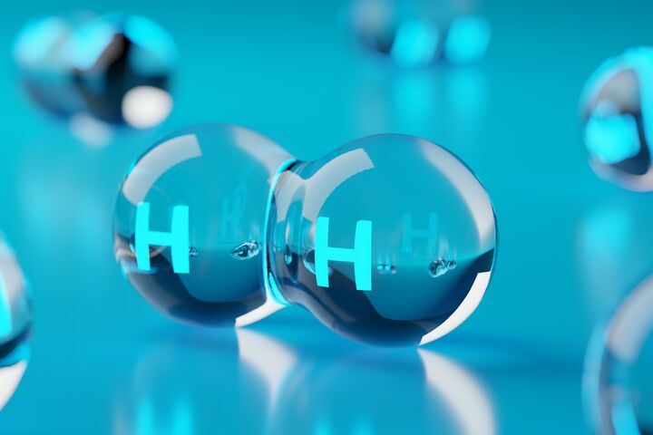 Abstract transparent hydrogen H2 molecules on blue background, clean energy or chemistry concept, 3D illustration