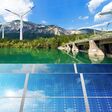 Renewable Energy - Sunlight with solar panel. Wind with wind turbines (3d illustration). Water with dam for hydropower