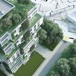 3D rendering of a sustainable modern apartment building with blueprints