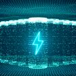 Lithium ion battery starts recharging electric energy supply, fast charging technology concept, abstract futuristic 3d rendering illustration digital cyberspace particle background
