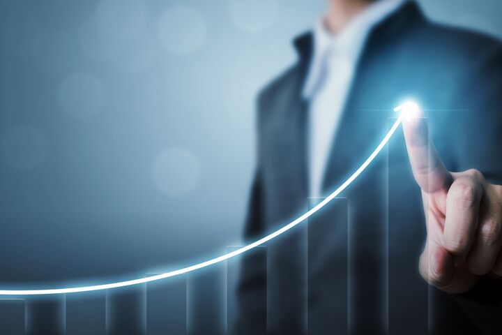 Business development to success and growing growth concept, Businessman pointing arrow graph increase chart