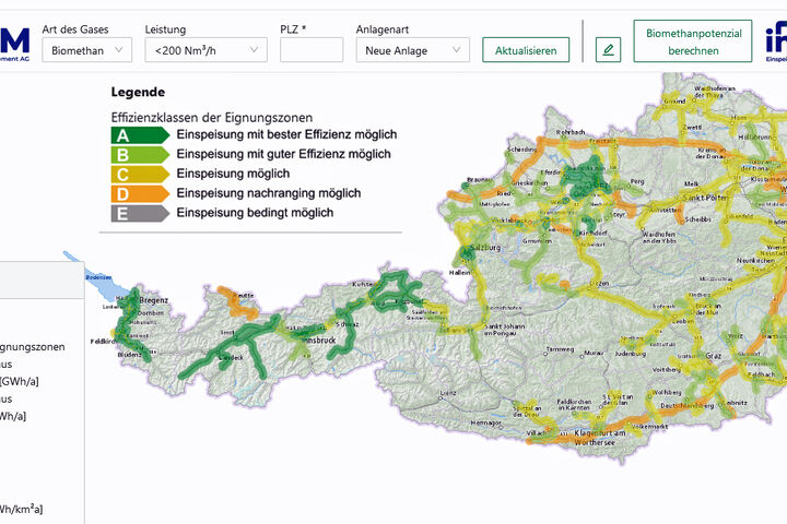 inGRID - digitale Karte digitale des österreichischen Gasnetzes, eingeteilt in Eignungszonen für die Einspeisung erneuerbarer Gase
