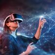 Metaverse technology concept. Woman with VR virtual reality goggles. Futuristic lifestyle.