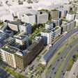 Blick aus der Vogelperspektive auf das visualisierte Projekt Village im Dritten in Wien