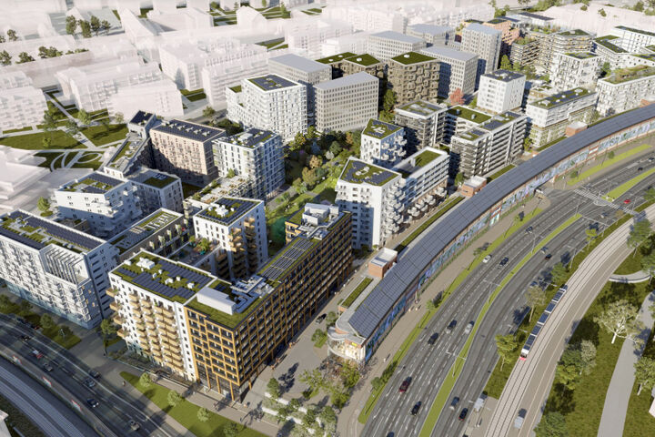 Blick aus der Vogelperspektive auf das visualisierte Projekt Village im Dritten in Wien