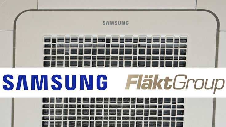 © HLK/ www.news.samsung.com Kassetten-Klimagerät an der Decke, Logos von Samsung und FläktGroup