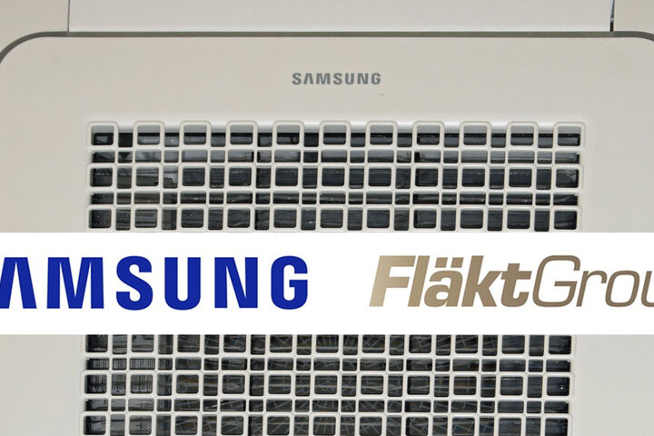 Kassetten-Klimagerät an der Decke, Logos von Samsung und FläktGroup