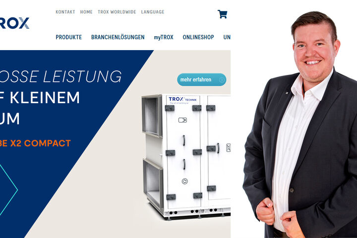 Webseite von TROX Österreich mit X-Cube-Gerät und Michael Pirngruber
