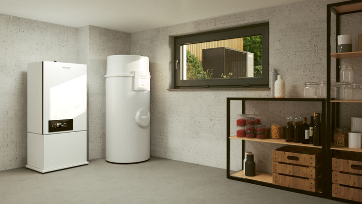 Inneneinheit der Monoblock-Wärmepumpe BLW Mono-P.1, Trinkwasser-Wärmepumpe BTW S200 (B) und Außeneinheit der BLW Mono-P1 von BRÖTJE
