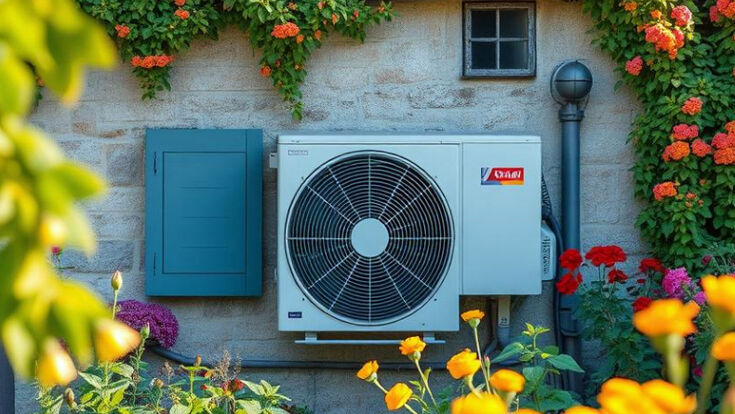 Außengerät einer Wärmepumpe bei einer Hausfassade