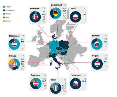 Energieträgeranteile im Mehrfamilienhaus-Bestand in Europa