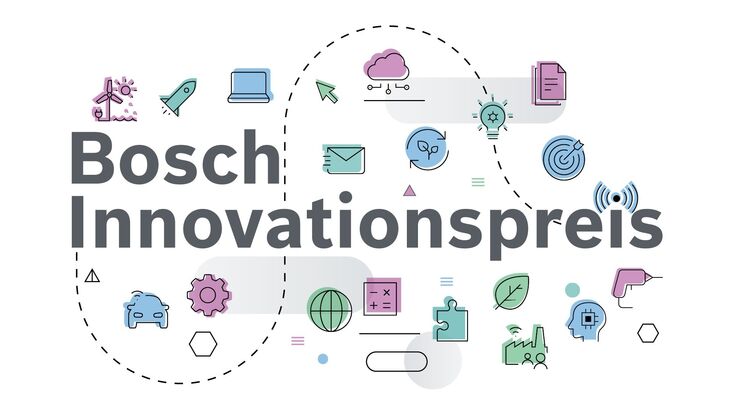 Grafik zum Bosch Innovationspreis und vielen Symbolen zu Technik, Energie, Innovation