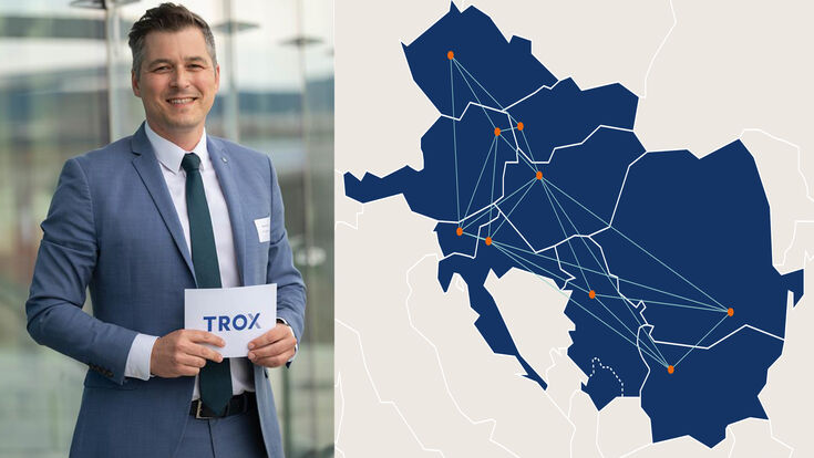 Geschäftsführer Wolfgang Hucek und Karte der Märkte in Zentral- und Osteuropa (CEE), die TROX Austria + CEE GmbH verantwortet