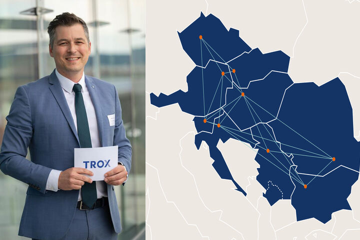 Geschäftsführer Wolfgang Hucek und Karte der Märkte in Zentral- und Osteuropa (CEE), die TROX Austria + CEE GmbH verantwortet