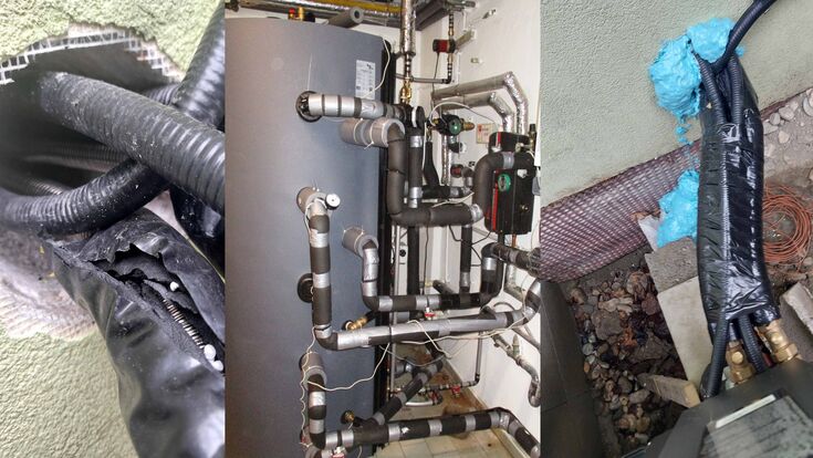 Fehlerhaft abgedichtetes Bohrloch mit Leitungen der Außeneinheit einer Wärmepumpe ins Gebäudeinnere; 800-Liter Speicher im Keller des sanierten Gebäudes