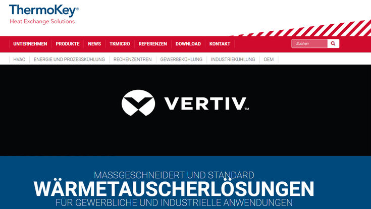 Bildschirm-Aufnahme der Thermokey-Webseite mit Logo von Vertiv