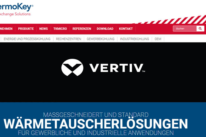 Bildschirm-Aufnahme der Thermokey-Webseite mit Logo von Vertiv
