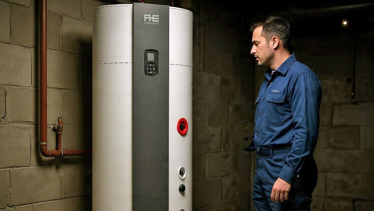 Warmwasser-Wärmepumpe Explorer Evo 3 und Installateur vor dem Gerät