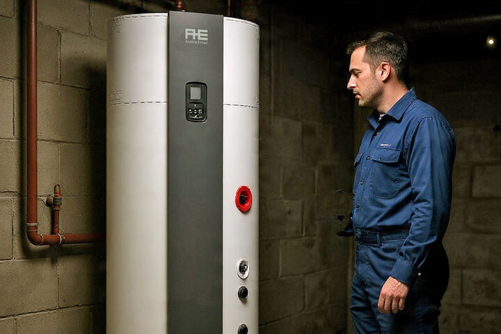 Warmwasser-Wärmepumpe Explorer Evo 3 und Installateur vor dem Gerät