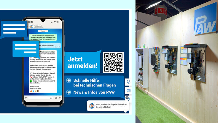 Screenshot des KI-Assistenten Manuel von PAW und Teil des Messestandes zur IFH/Intherm