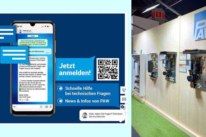 Screenshot des KI-Assistenten Manuel von PAW und Teil des Messestandes zur IFH/Intherm