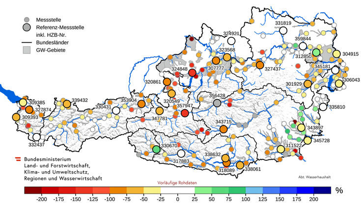 Österreich mit Grundwasserständen Ende April 2026 im Vergleich zum langjährigen Mittelwert zum 30.04., BMLUK, Wasserhaushalt Österreich, Monatsbericht April 2026