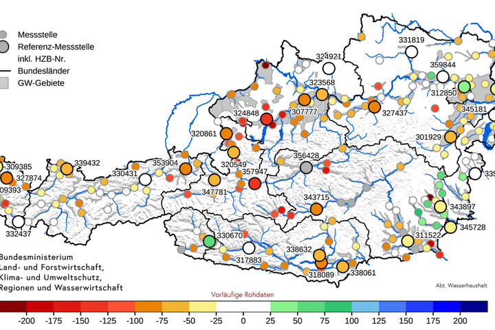 Österreich mit Grundwasserständen Ende April 2026 im Vergleich zum langjährigen Mittelwert zum 30.04., BMLUK, Wasserhaushalt Österreich, Monatsbericht April 2026