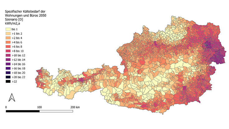 Österreich-Karte mit prognostiziertem Kältebedarf für Wohnungen und Büros für das Jahr 2050 laut Studie der BOKU, Wien