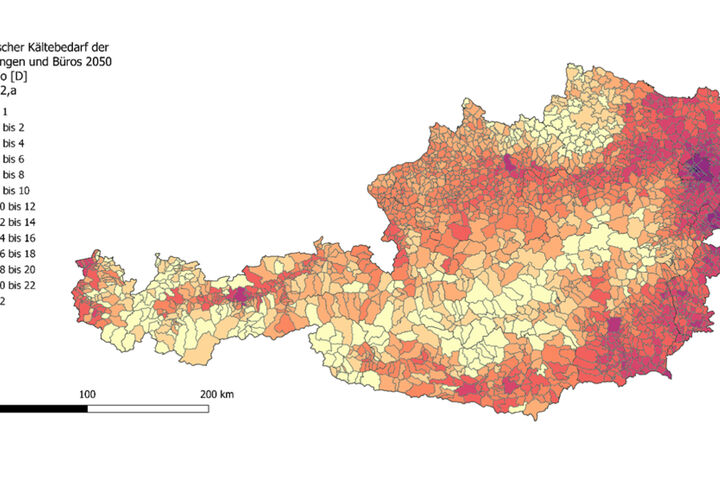 Österreich-Karte mit prognostiziertem Kältebedarf für Wohnungen und Büros für das Jahr 2050 laut Studie der BOKU, Wien
