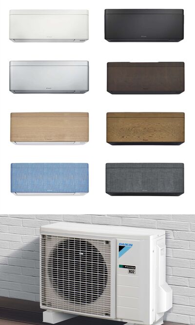 acht unterschiedliche Blendendesigns der Stylish-Klima-Innengeräte und ein Außengerät von Daikin