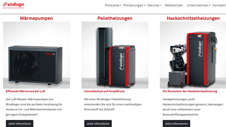 Webseite von Heizungshersteller Windhager in Österreich