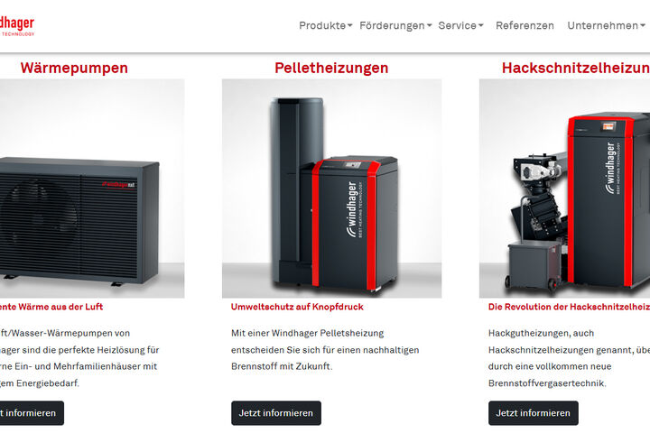 Webseite von Heizungshersteller Windhager in Österreich