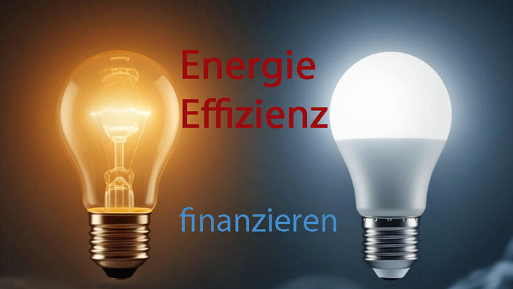 Eine Glühlampe und eine LED-Lampe mit dem Schriftzug Energie-Effizienz finanzieren