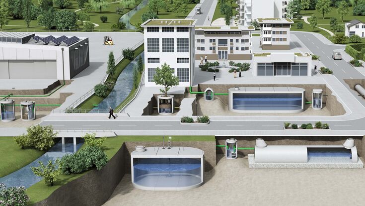 Infografik zu einer Schwammstadt, bei der Regenwasser bewusst gereinigt, gespeichert und versickert werden kann.