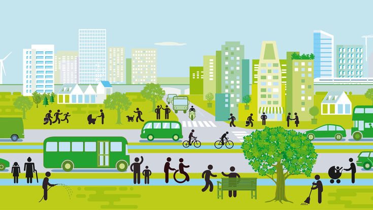 © AdobeStock stadtsilhouette radweg familie freizeit bürgersteig nachhaltige entwicklung gebäude wohnhaus grün stadtviertel stadtzentrum umweltschutz wirtschaft illustration stadt effektivität alternative energiequelle sonnenenergie stadtansicht öffentlicher verkehr autos bus fußgänger draußen umwelt ökosystem alternativer lebensstil baum konzepte natur sauber energie sparen entwicklung innovation wahlmöglichkeit windenergie